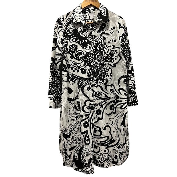 Chico Linen Print Button Duster, White Black, M - Picture 1 of 8